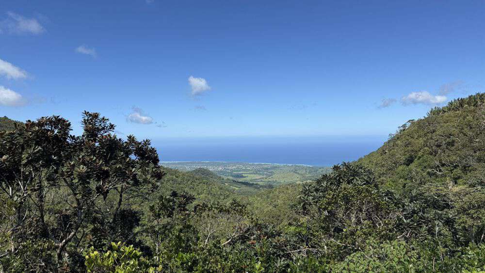 Havet på Mauritius sett frå ei frodig dalhøgde. Foto