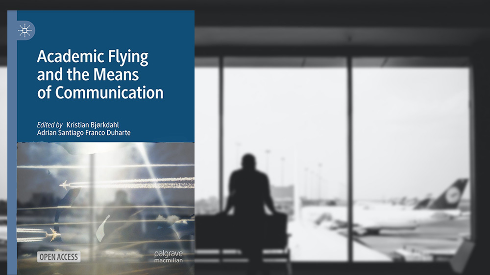 The book's cover over a background image of an airport