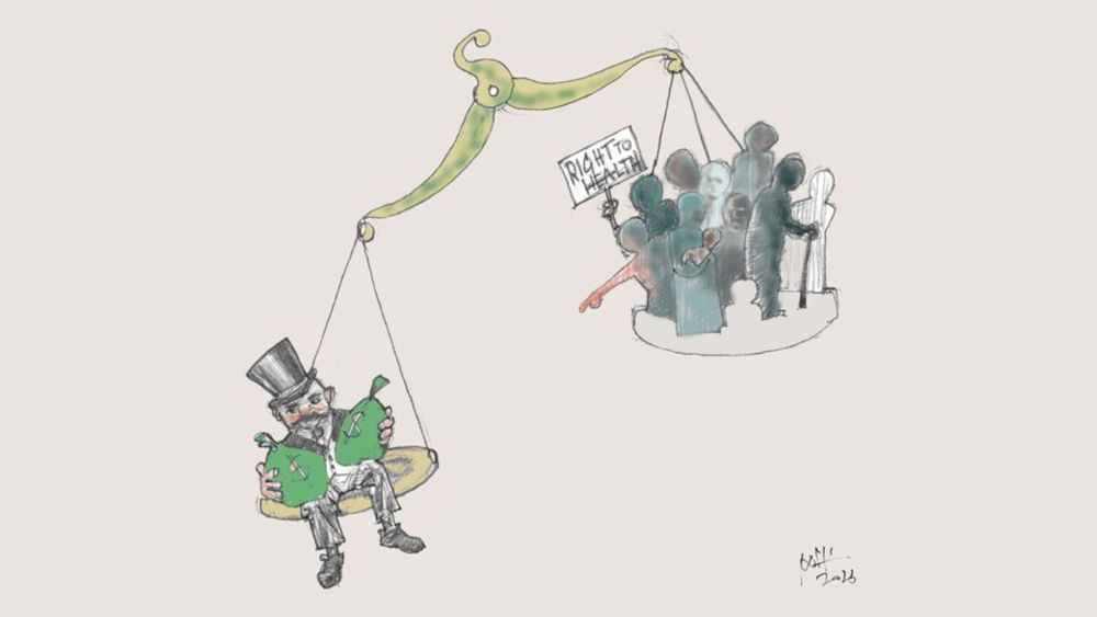 scales with a rich person and activists fighting for global health