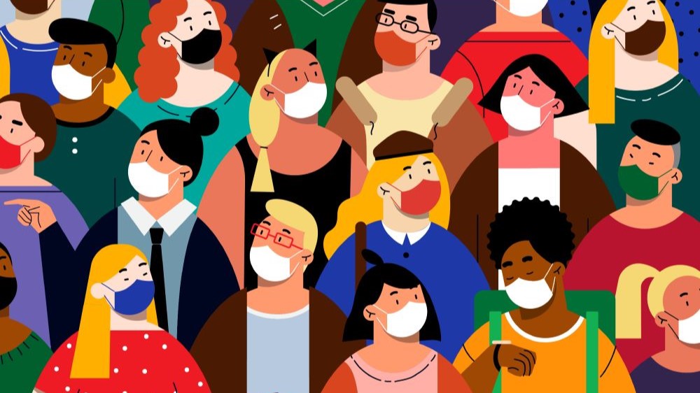 Crowd of men women cartoon characters wearing protective medical respirators standing together.