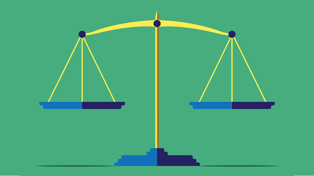  Scales on green background, flat style. Justice, weighing concept