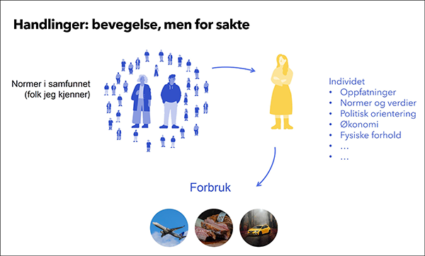 Lysbilde om forholdet mellom individet, normer i samfunnet og forbruk