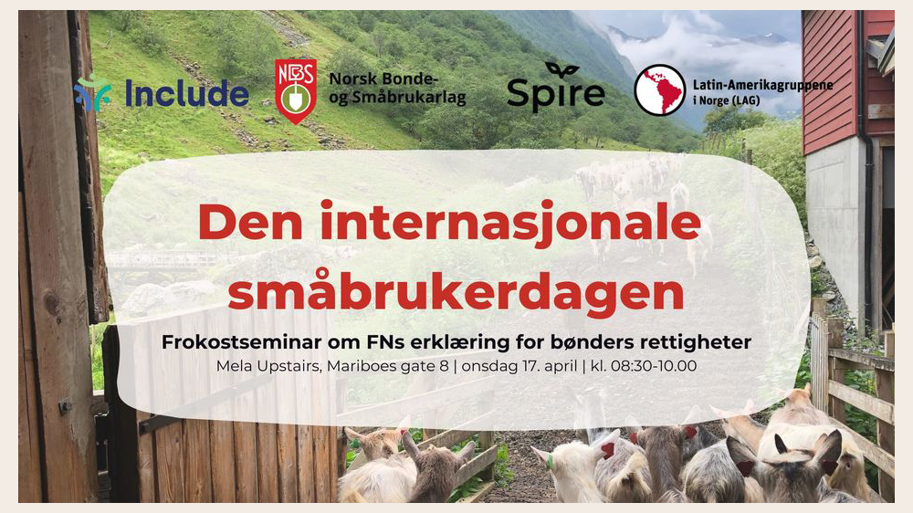Bilde fra bondegård med arrangørlogoer og møtetittel