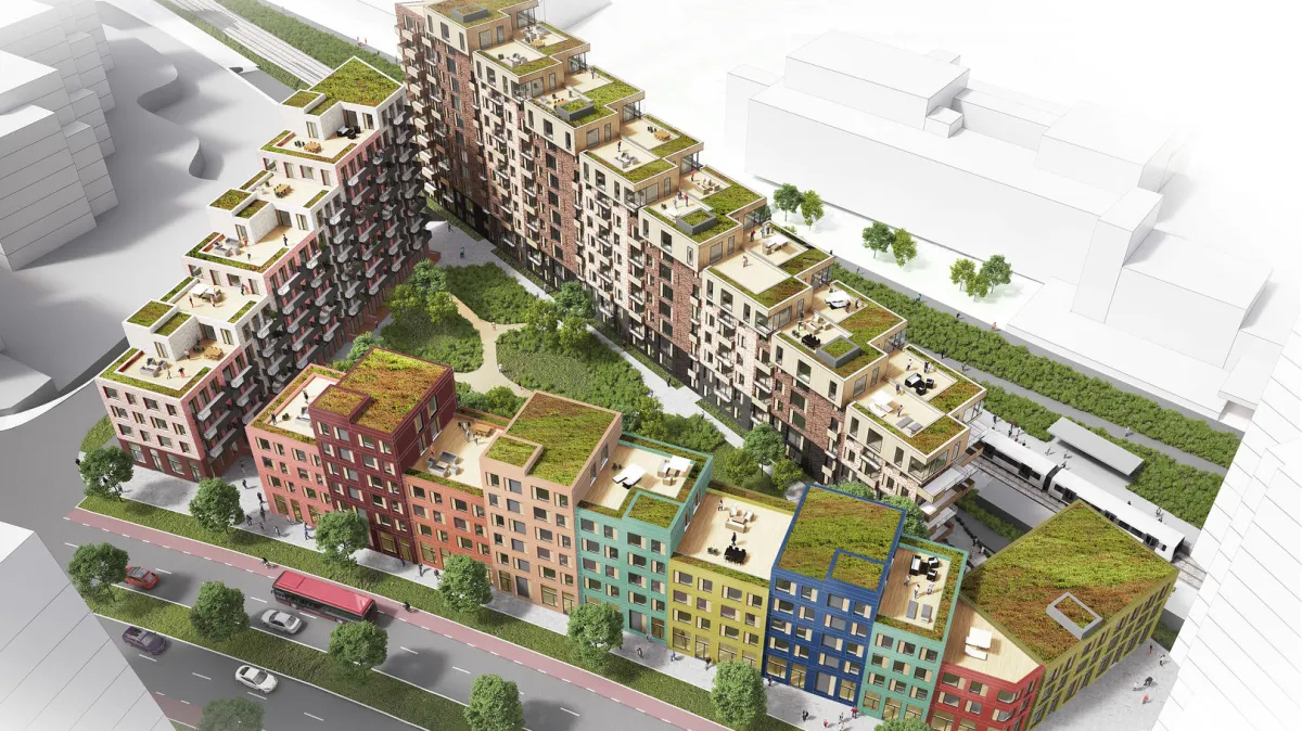 Tegnet modell av bygninger i byomgivelser